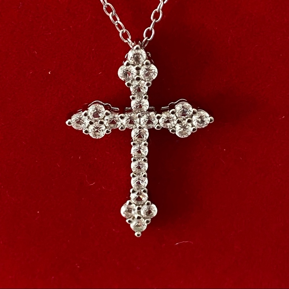 14k white gold  over 925 white lab sapphires Cross necklace - Picture 16 of 16